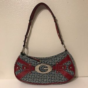 Vintage Guess Blue Denim Logo Print & Red Ostrich Leather Handbag Purse F-16